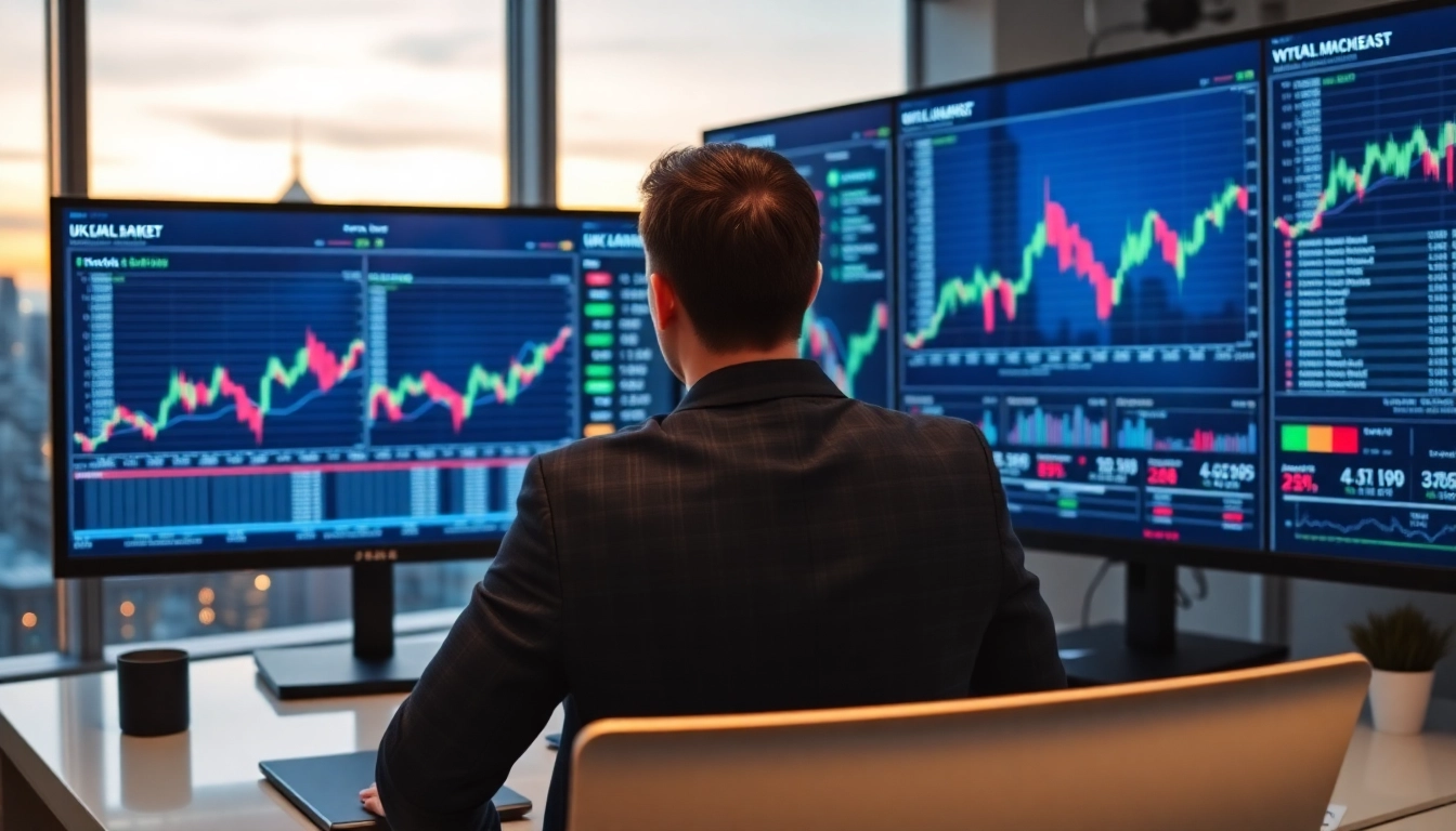 UK Stock Market News Financial analyst reviewing charts in a modern office for market insights